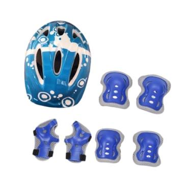 Imagem de Baoblaze Kit de capacete de bicicleta infantil com 7 peças, joelheira, cotoveleira, munhequeira, capacete leve para skate e adolescentes, patins e patins, Azul Profundo