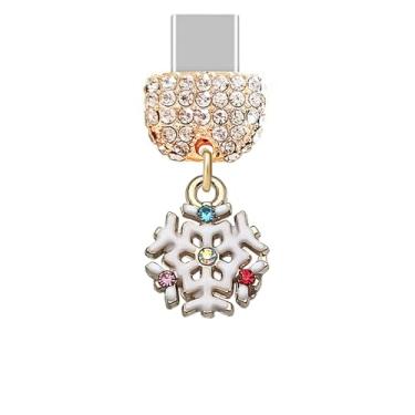 Imagem de ELISE & FONDA TP904 Tipo-C porta de carregamento cristal antipoeira pequeno floco de neve de Natal pingente de celular para iPhone 15/16/Samsung/OnePlus/Xiaomi/oppo telefones Android (branco)