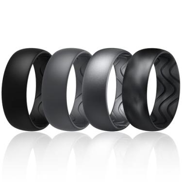 Imagem de Egnaro Anéis masculinos de silicone de 8 mm de largura e 2,5 mm de espessura, faixas elásticas pretas de borracha para remoção de ervas daninhas e sulcos respiráveis para treino de academia, 7.5-8