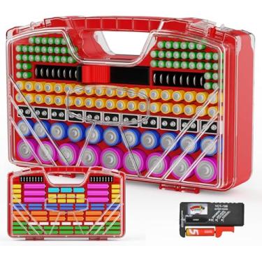 Imagem de Estojo organizador de bateria, caixa organizadora de suporte de armazenamento de bateria com testador - pacote sortido de 285 baterias dupla face, comporta célula AA AAA 4A C D 9V 3V lítio LR44 CR2