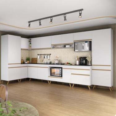 Imagem de Armário De Cozinha Modulada Completa Canto 409cm Com Balcão Veneza Multimóveis Mp2303 Branco-dourado
