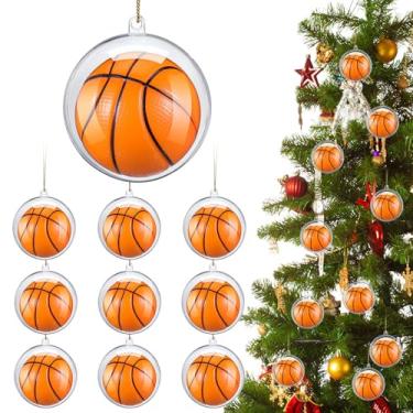 Imagem de Syhood Conjunto de 10 bolas de Natal para árvore de Natal, inclui 10 bolas temáticas para alívio de estresse e 10 enfeites de plástico transparente para pendurar na árvore de Natal (basquetebol)