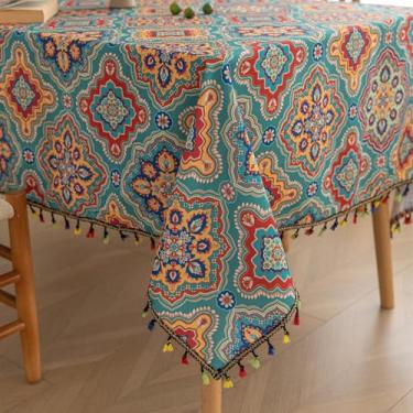 Imagem de Erbnaryx Toalha de mesa estampada à mão para mesas quadradas, bordas com franjas com toalhas de mesa com estampa boêmia, toalha de mesa decorativa para cozinha, sala de jantar, 159 x 259 cm