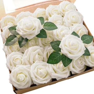 Imagem de Flores artificiais rosas com caules para casamento, buquê de árvore de Natal, chá de bebê, centro de mesa, arranjo floral, decoração de casa, decoração de dia das mães (creme, 50)