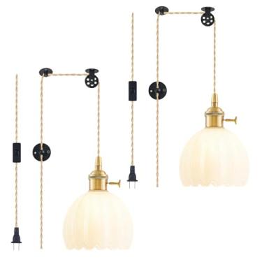 Imagem de Pacote com 2 luminárias pendentes, luminária pendurada em vidro vintage, mini lâmpada suspensa de tulipa branca leite, iluminação pendente para ilha de cozinha, quarto, sala de jantar, sala de estar