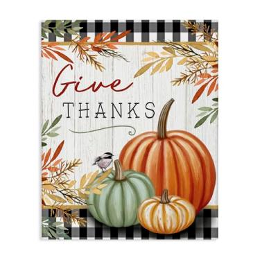 Imagem de Stupell Industries Arte de parede em tela Give Thanks Gingham & Pumpkins, design de Elizabeth Tyndall, 76 x 61 cm