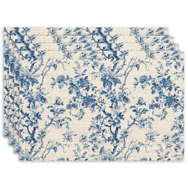 Imagem de Conjunto de 4 jogos americanos florais azuis, tapetes de mesa retangulares chinoiserie de 30 x 45 cm, jogo americano de tecido de linho para cozinha interna e externa, sala de jantar, decoração de
