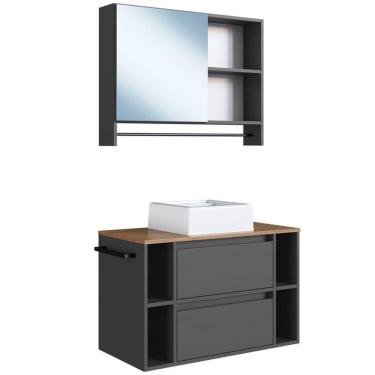 Imagem de Espelheira E Gabinete Suspenso Com Cuba 80cm Mel Grafite Proddy