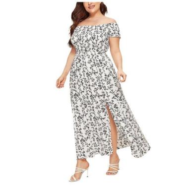Imagem de Vestido floral feminino plus size plus off ombro franzido corpete divi