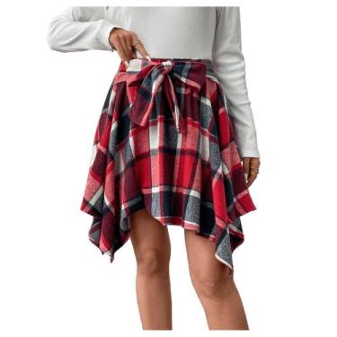 Imagem de Saia MakeMechic, xadrez, elástica, cintura alta, assimétrica, vermelha