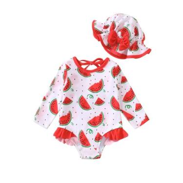 Imagem de Maiô SUNNY PIGGY Baby Girls de manga comprida com chapéu 3-6M vermelho
