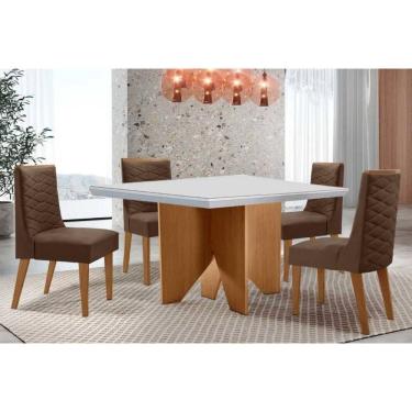 Imagem de Conjunto Sala de Jantar Nevada c/ Tampo Madeirado c/ Vidro Canto Curvo 90x90cm e 4 Cadeiras Dafne Madeira Maciça Naturale/Off White - Capuccino/Suede 