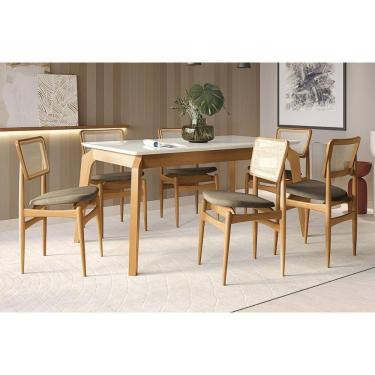 Imagem de Conjunto Sala de Jantar Petra Premium Madeira Maciça c/ Tampo Madeirado c/ Vidro 160x90cm e 6 Cadeiras Stela Carvalho/Off White - Boucle Bege Fendi-Ka