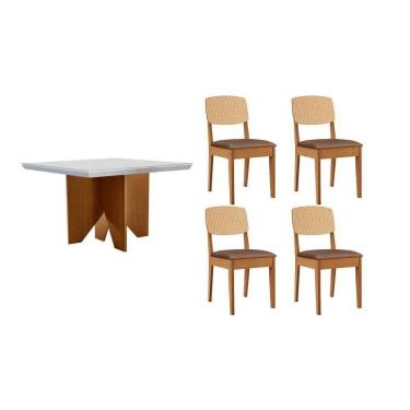Imagem de Conjunto Sala de Jantar Nevada c/ Tampo Madeirado c/ Vidro Canto Curvo 90x90cm e 4 Cadeiras Havana Premium Naturale/Off White - Capuccino/Corano Capuc