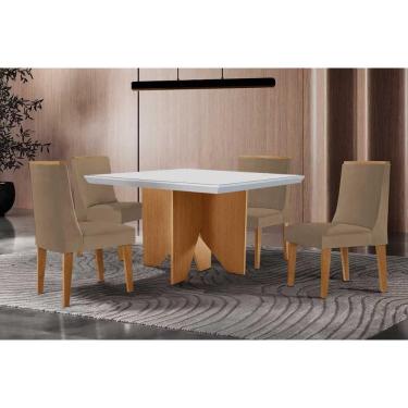 Imagem de Conjunto Sala de Jantar Nevada c/ Tampo Madeirado c/ Vidro Canto Curvo 90x90cm e 4 Cadeiras Dakota Madeira Maciça Naturale/Off White - Capuccino/Suede