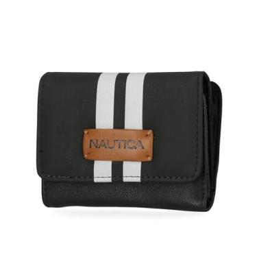 Imagem de Nautica Rower's End Carteira pequena para mulheres, porta-cartão de crédito fino com bloqueio de RFID com bolso para moedas, carteira feminina compacta dobrável com janela para identidade, Preto