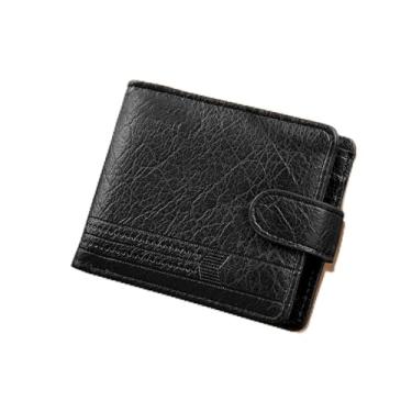 Imagem de Carteira masculina, carteira de couro macio com bolso para moedas, janelas, compartimentos para cartões, compartimentos para dinheiro e bolso com zíper, carteira dobrável, Preto, Simples