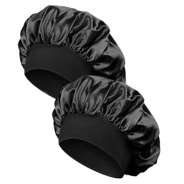 Imagem de 2 peças de gorro de seda feminino, touca de banho encaracolada com elástico, preto