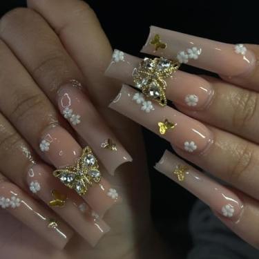 Imagem de Kit de unhas de pressão médio longo quadrado ombré nude cola falsa conjunto de unhas com design de flor de borboleta de liga 3D cobertura completa bastão falso artificial em unha de acrílico para