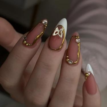 Imagem de Pregos postiços de amêndoa média francesa branca com design de borboleta de liga 3D, strass, cobertura total, cola artificial nas unhas, cola nas unhas, para mulheres, manicure, uso diário, 24 peças