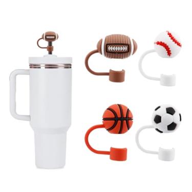 Imagem de Bchjatk 4 peças de capas de canudo com estampa de bolas esportivas Stanley 30 e 1,134 g, tampas de silicone macio de 10 mm, topos de canudo reutilizáveis à prova de poeira, decorações divertidas de