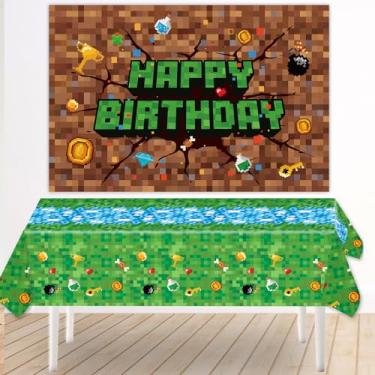 Imagem de Kit Decorações Aniversário Pixel, 150x100cm Feliz Aniversário Fundo Foto Incluído Toalha Mesa Tema Videogame Decorações Festa Crianças Meninos Suprimentos Festa Acessórios para Fotos