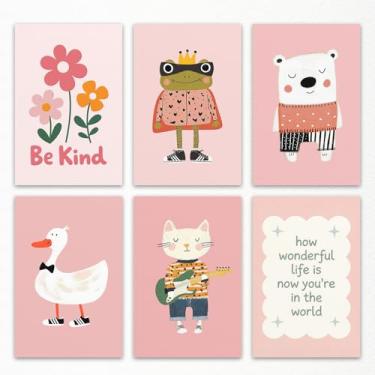 Imagem de 6 peças de arte de parede em tela de animal de berçário rosa, pôsteres de sapo e pato fofos, imagem legal de gato tocando guitarra para quarto de meninas, Be Kind Positive Affirmations impressão de