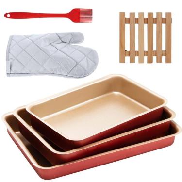 Imagem de Jogo De Assadeira 03 Pçs + Luva + Pincel + Descanso Panela