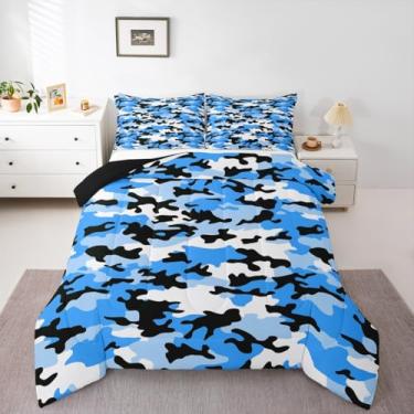 Imagem de Erosebridal Conjunto de edredom solteiro camuflado azul militarmente tie dye para crianças, meninos e meninas | Campanha retrô do exército, edredom geométrico militar
