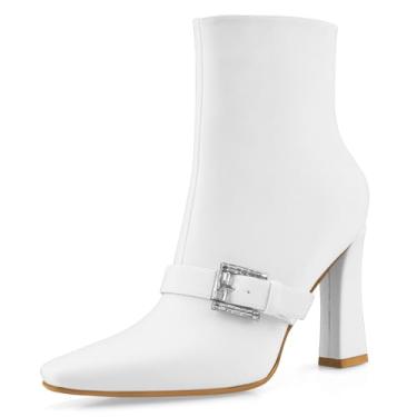 Imagem de Perisis Botas de cano curto, salto alto, grosso, preto, bico quadrado, fechado, curto, com zíper lateral, salto de 10 cm, padrão de crocodilo para mulheres e mulheres sexy, Poliuretano branco, 38