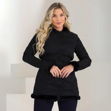 Imagem de Parka Feminina Sarja Forrada Peluciada Diamante Negro (não desbota) Capuz Removível-Feminino