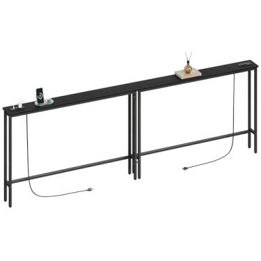 Imagem de ELYKEN Mesa de sofá com console estreito de 240 cm com tomada, mesa de sofá atrás de 15 cm com estação de carregamento, mesas de entrada longas para sala de estar, corredor, preto