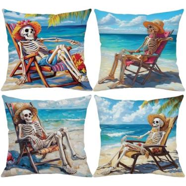 Imagem de Puacino Capas de almofada de esqueleto costeiro, cadeira de praia, arte abstrata, dupla face, dia das bruxas, conjunto de fronhas engraçadas – 45,7 x 45,7 cm (4 unidades)