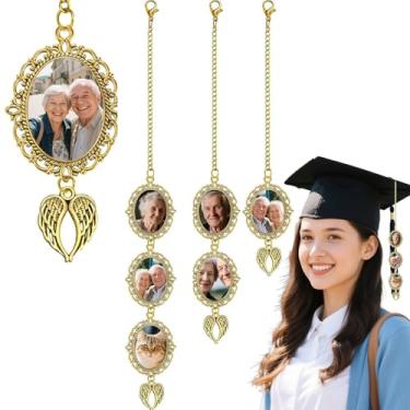 Imagem de Chiorgone Conjunto de berloques de moldura de formatura de 3 peças, lembrança personalizada com asas de anjo para borla e buquê - Homenagem de lembrança DIY para entes queridos (tom dourado)