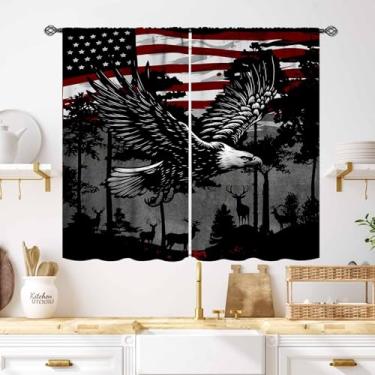 Imagem de Cortinas com bandeira americana, 4 de julho, Dia da Independência, pássaro, águias, floresta, veado, vintage, listras, padrão de bandeira, cortinas de janela para quarto, sala de estar, banheiro, 69,8
