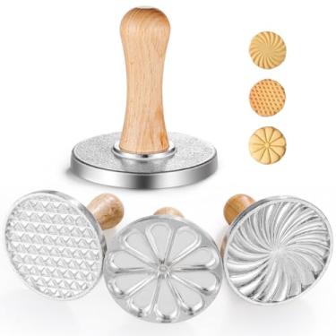 Imagem de Toyokar Cortadores de prensa de biscoito de metal com alças de madeira, conjunto de 3, suprimentos de decoração de bolos para assar faça-você-mesmo, pastelaria, moldes de prensagem de biscoito de liga