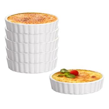 Imagem de Ramequins de porcelana de 170 g para creme brulee, mini assadeiras seguras para forno, ramequins de cerâmica listrados, copos de sobremesa brancos para quiche, suflês, molhos e servir, conjunto de 6