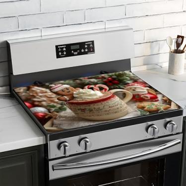 Imagem de BVBOX Capa superior de fogão de Natal para fogão elétrico 71 cm x 50 cm, capas superiores de fogão de vidro lavável decorativo protetor de fogão para cozinha doméstica (homem de gengibre cacau)