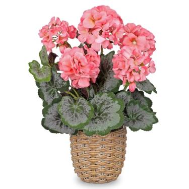 Imagem de Briful Flores artificiais de gerânio rosa em cesta de tecido, arranjo de flores de seda de 37 cm de altura, gerânios realistas, plantas artificiais ao ar livre, para casa, casa de fazenda, mesa de