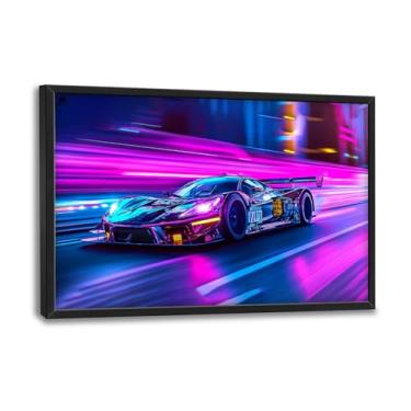 Imagem de Flintis Arte de parede emoldurada de carro de corrida grande neon imagens de supercarro decoração de parede abstrata colorida pintura em tela de carro impressão de obras de arte decoração emoldurada