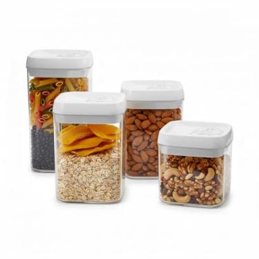 Imagem de Kit 4 Potes Herméticos Acrílico Transparentes Tampas Brancas Empilháveis Armazenamento de Alimentos Secos