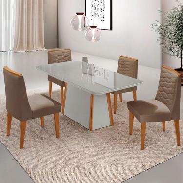Imagem de Mesa De Jantar Diane 120cm Tampo Mdf Vidro Cadeiras Eloise Moderna Veludo Capuccino Off White Naturale Serigrafia
