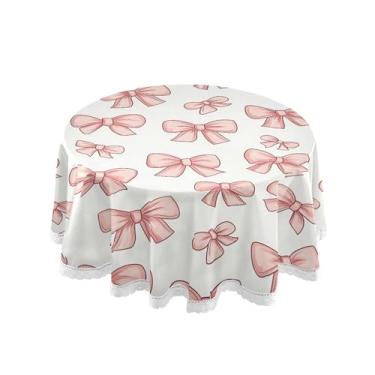 Imagem de SEHANY Toalha de mesa redonda com laço rosa de 152 cm, tecido lavável sem rugas, toalha de mesa decorativa de renda para restaurante, casamento, acampamento, festa de cinco de maio