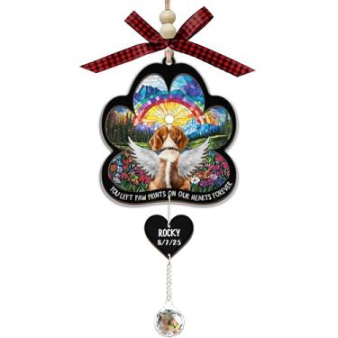 Imagem de CoCray66 Beagle Dog Memorial Suncatcher com cristal pendurado - 2 camadas de madeira e acrílico em forma de pata arco-íris ponte anjo cão com caneta para adicionar o nome do animal de estimação