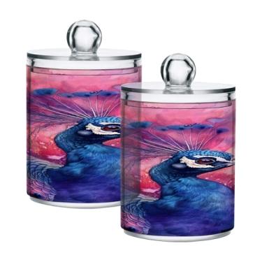 Imagem de ATTX Dispensador de suporte de ponta de pavão em aquarela para bola de algodão, cotonete, frasco de boticário de plástico transparente, pote de armazenamento de cozinha para decoração de casa, pacote