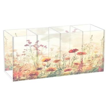 Imagem de SEHANY Porta-canetas de acrílico com flores silvestres coloridas, 4 compartimentos, porta-lápis transparente, organizador de pincéis de maquiagem, organizador de papelaria para escritório, casa