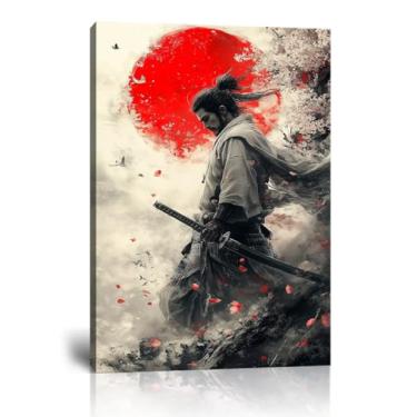 Imagem de chenchenArt Arte de parede Samurai Japonês Arte Asiática Cereja com Samurai Impressão em tela emoldurada pronta para pendurar (61 cm L x 91 cm A)