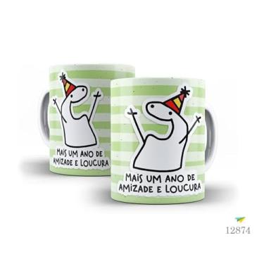 Imagem de Caneca Decorativa Parabéns Amiga, Porcelana, Design Listrado Pastel, Tema Aniversário com Bolo e Ilustração Fofa, 325ml (12875)