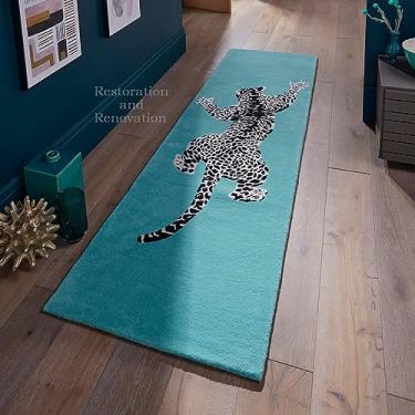 Imagem de Restoration and Renovation Tapete de lã para escalada Jaguar moderno feito à mão para sala de estar, quarto e sala de jantar (azul claro, 7 x 20 cm)