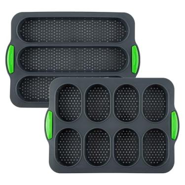 Imagem de JBESUHI Conjunto de 2 formas de baguete de silicone antiaderentes – 8 bandejas perfuradas de calha, formas de pão longas de 3 ondas para pão francês, pães de hambúrguer, rolos de sanduíche e torradas